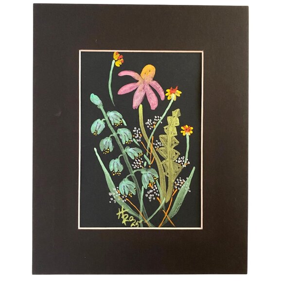 Wild Flowers Original Iridescent Watercolor Painting 8x10in Matted Frame Ready - Picture 2 of 5